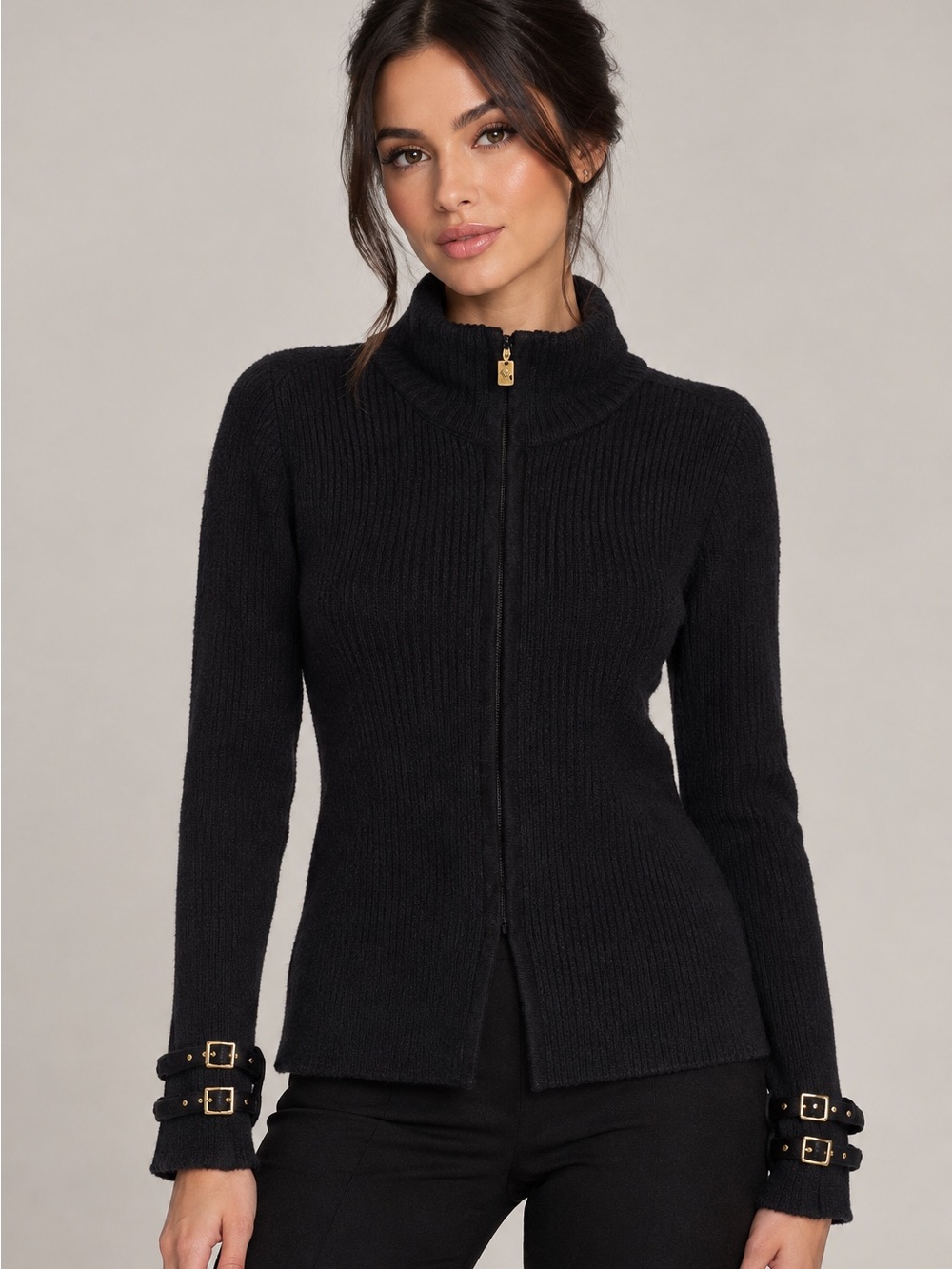 Black Ribbed Zip-Up Sweater Cardigan with Buckle Cuff Detail